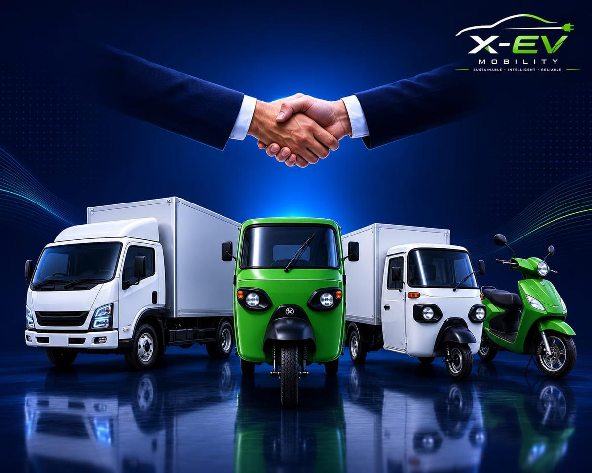 Futuristic XEV Electric Cargo Delivery Truck outside Green-Tech Solar Depot